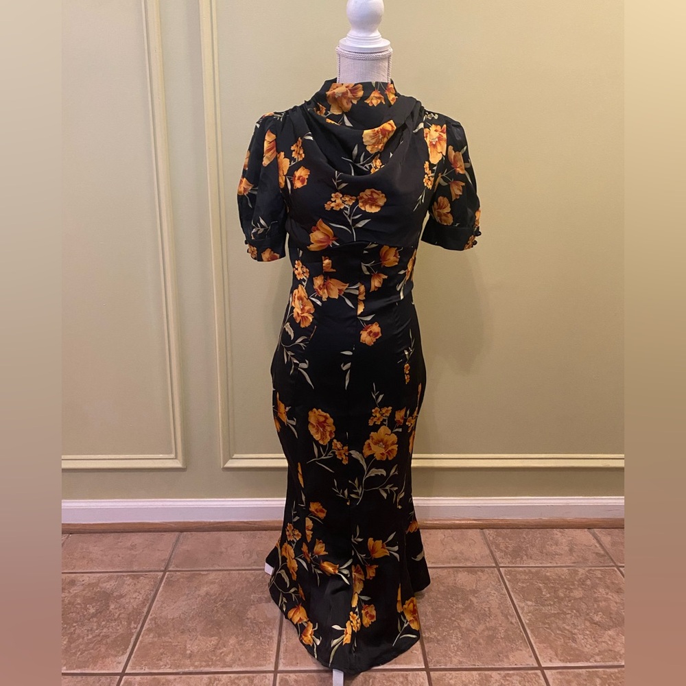 Orange and Black Midi Dress with Puff Sleeves